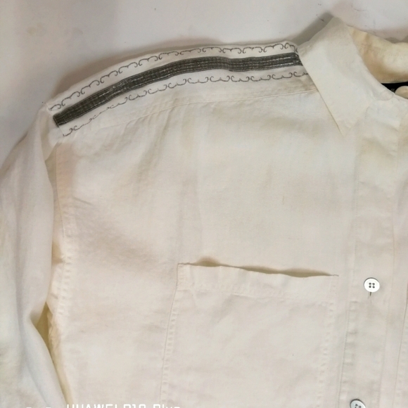 80s Vintage crisp white linen embroidered with silver yoke shirt dress - Picture 11 of 11